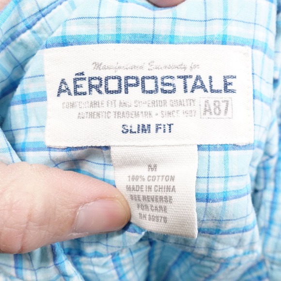 AEROPOSTALE SLIM FIT BLUE CHECK PLAID BUTTON DOWN SHIRT MENS SIZE M MEDIUM - Picture 6 of 6